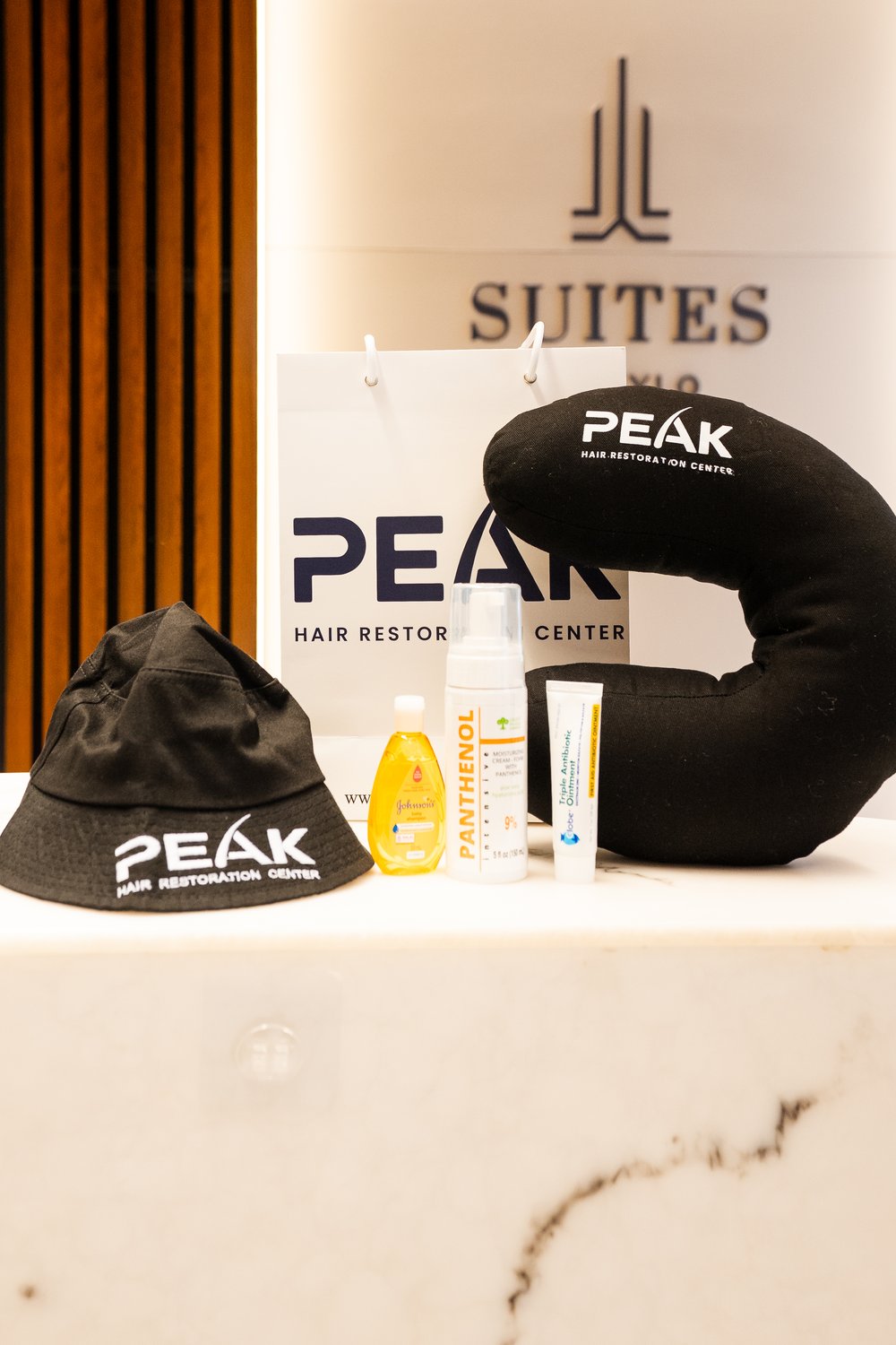 Peak-branded aftercare items displayed at the New York clinic